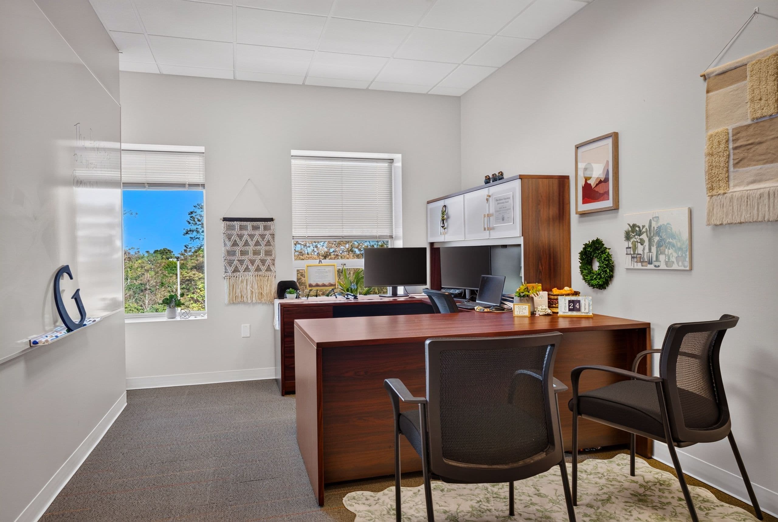 A counselor’s office with two chairs facing the desk, plants and a window onto the trees
