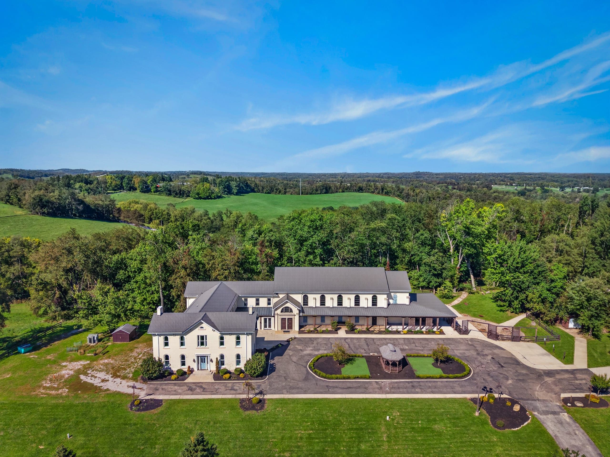An aerial view of the house and grounds
