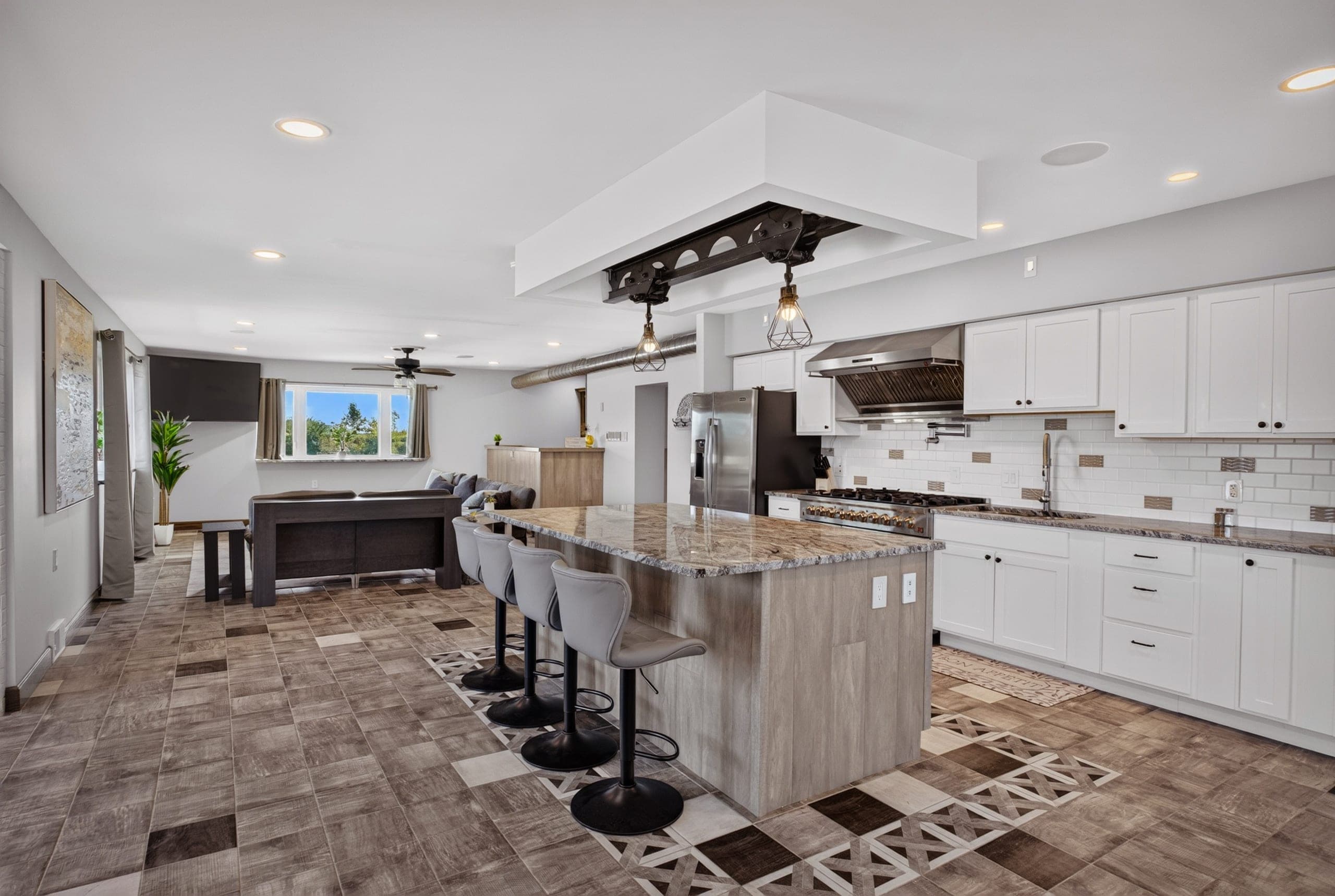 The open kitchen and dining area